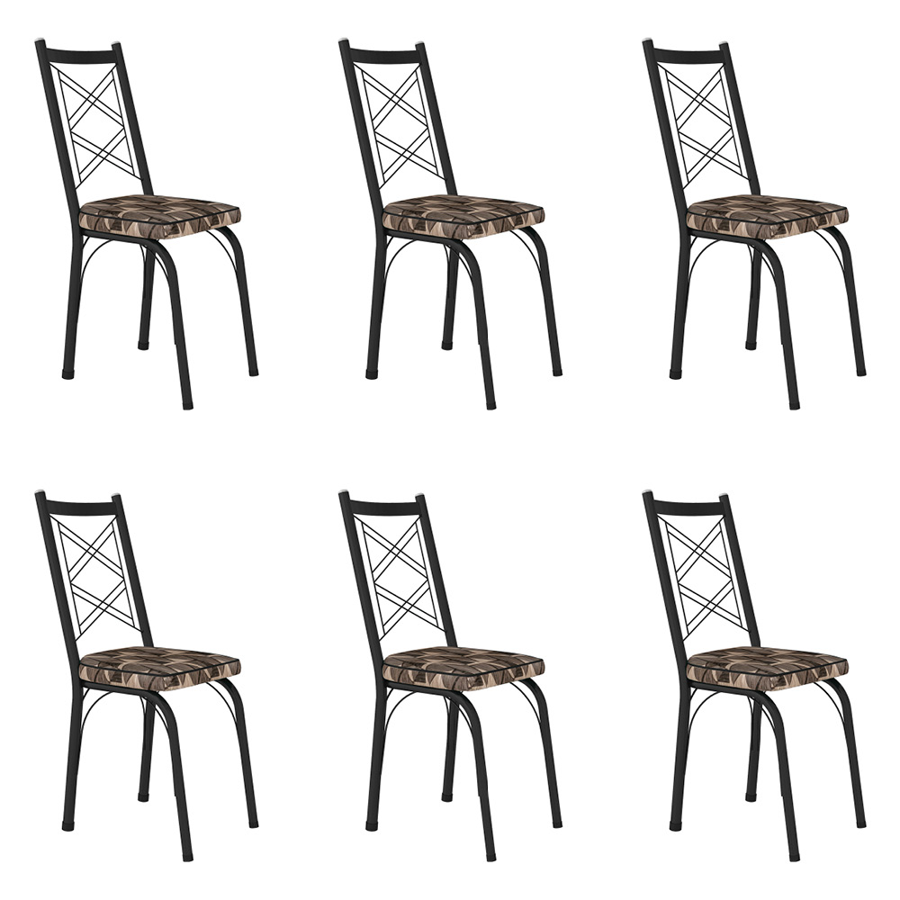 Kit 6 Cadeiras de Cozinha Delaware Estampado Mosaico Palha Pés de Ferro Preto - Pallazio