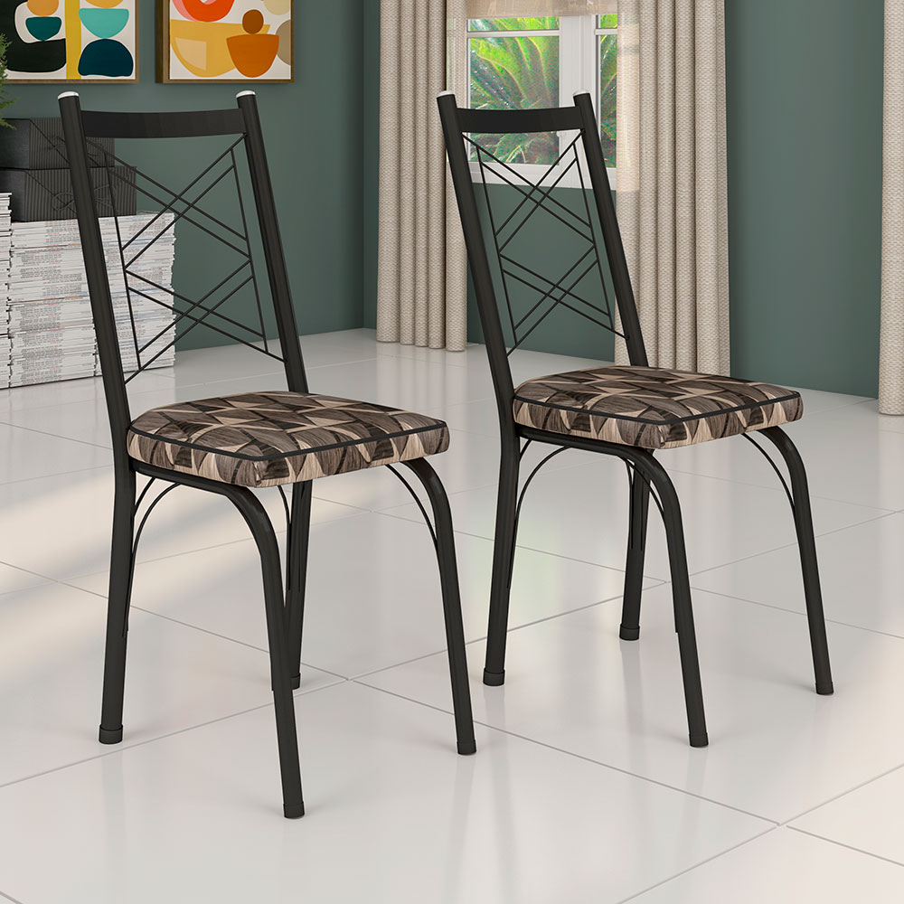 Kit 6 Cadeiras de Cozinha Delaware Estampado Mosaico Palha Pés de Ferro Preto - Pallazio