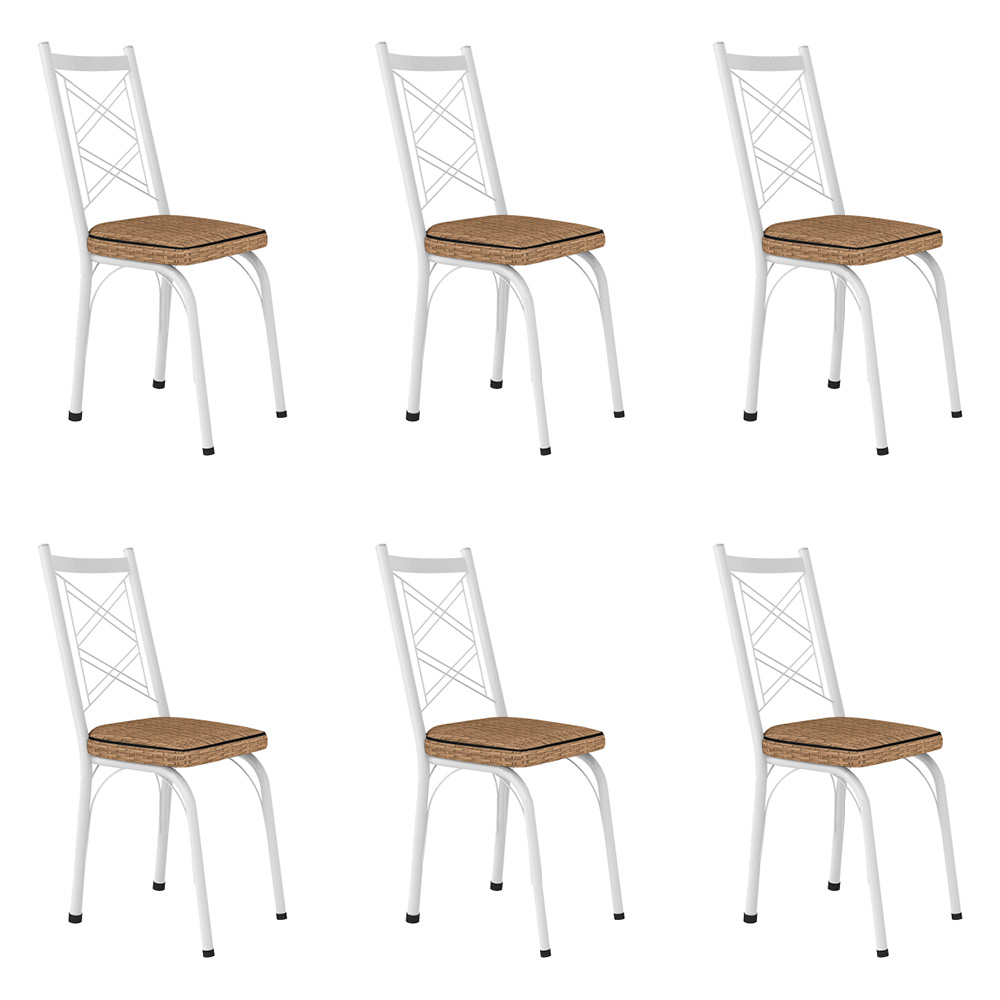 Kit 6 Cadeiras de Cozinha Delaware Estampado Rattan Bege Pés de Ferro Branco - Pallazio