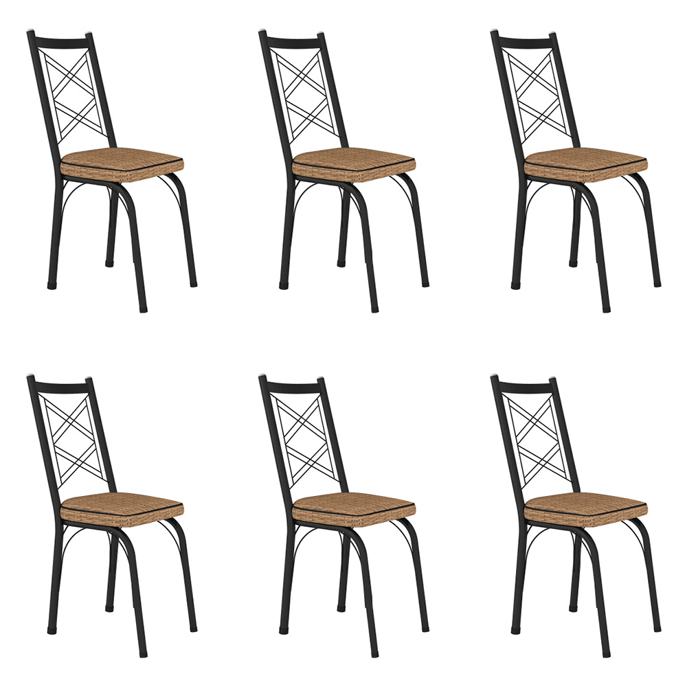 Kit 6 Cadeiras de Cozinha Delaware Estampado Rattan Bege Pés de Ferro Preto - Pallazio