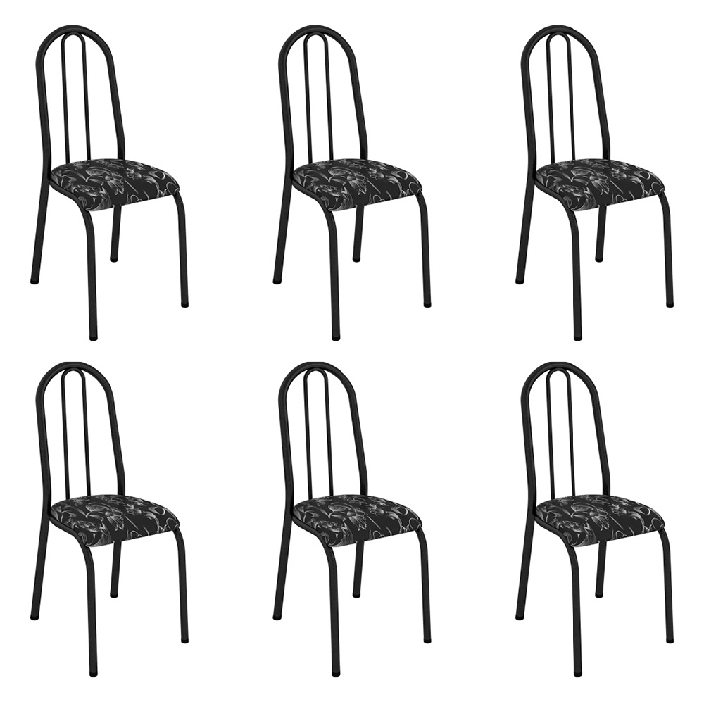 Kit 6 Cadeiras de Cozinha Flórida Estampado Preto Florido Pés de Ferro Preto - Pallazio