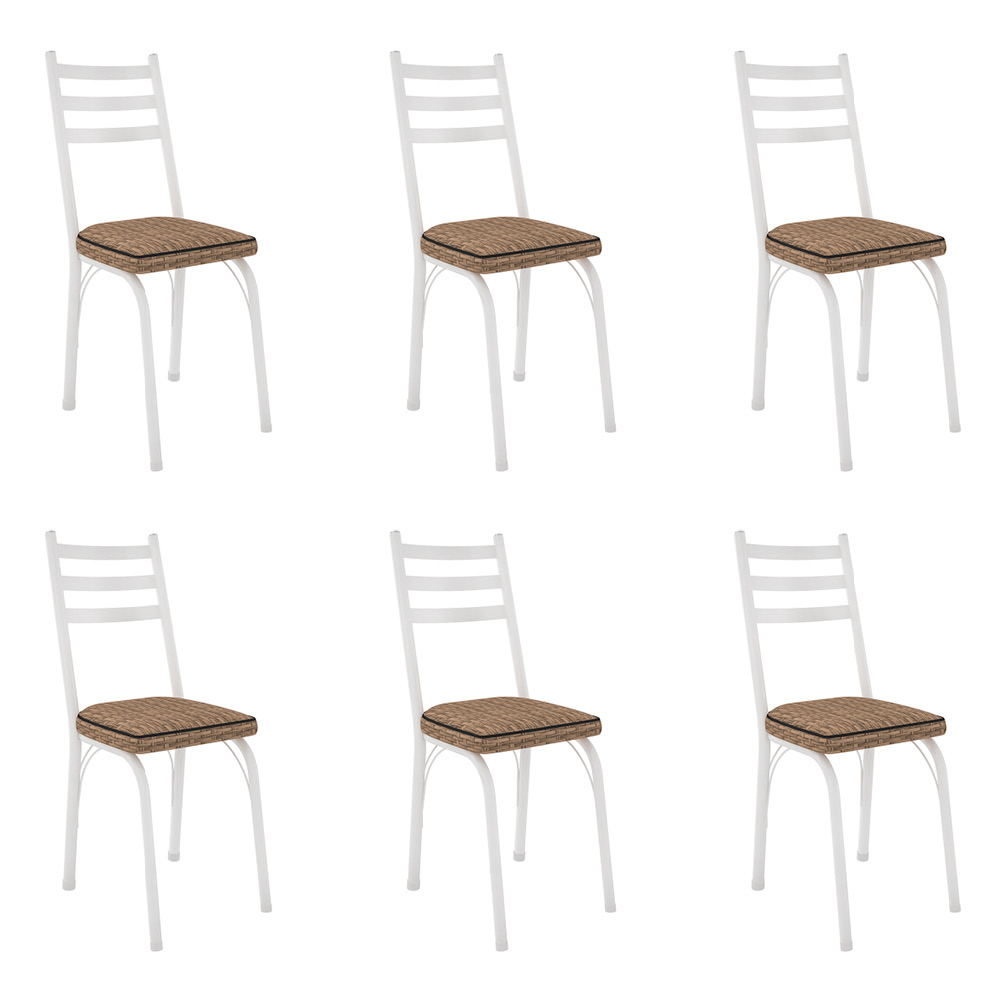 Kit 6 Cadeiras de Cozinha Luisiana Estampado Rattan Bege Pés de Ferro Branco - Pallazio