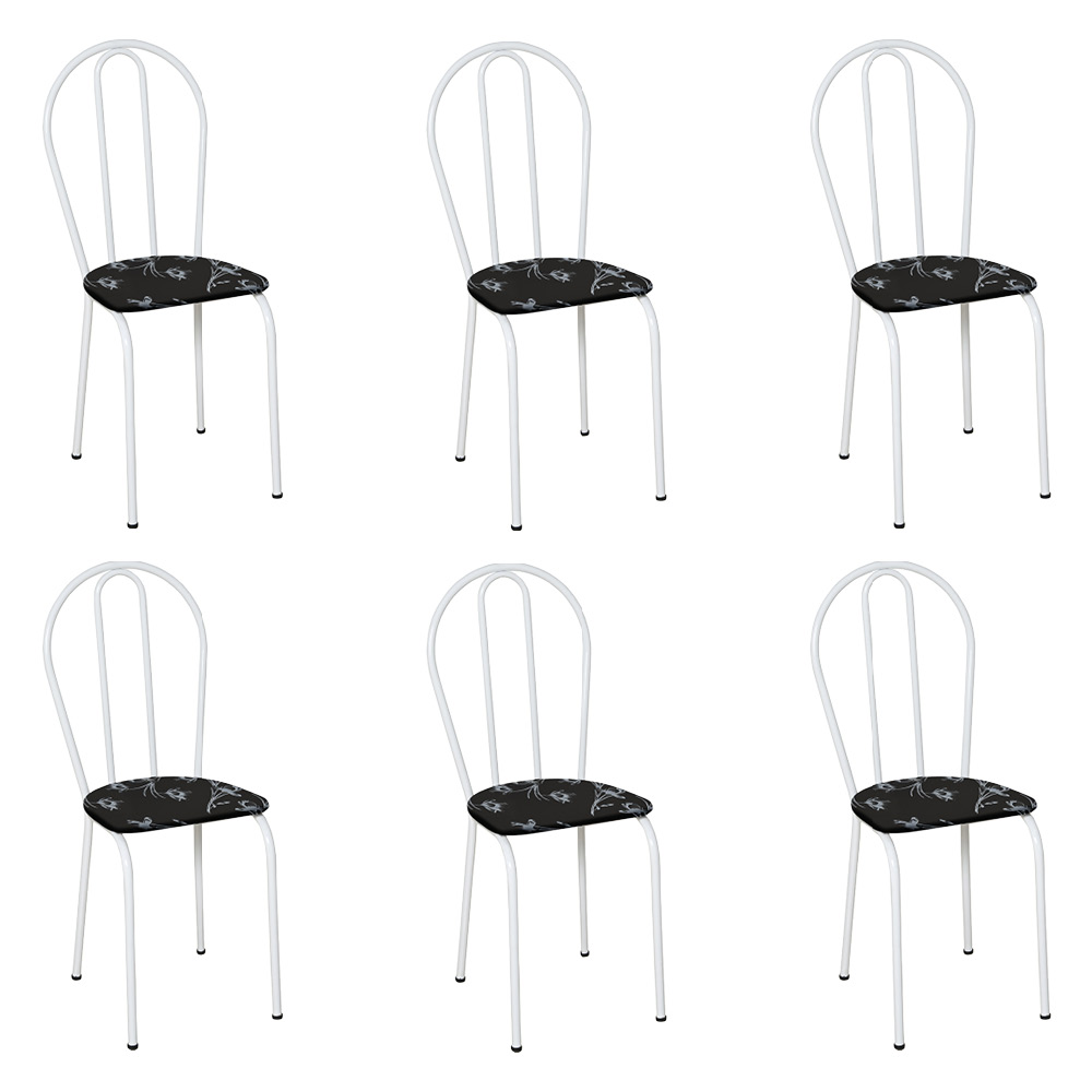 Kit 6 Cadeiras de Cozinha Texas Estampado Preto Florido Pés de Ferro Branco - Pallazio