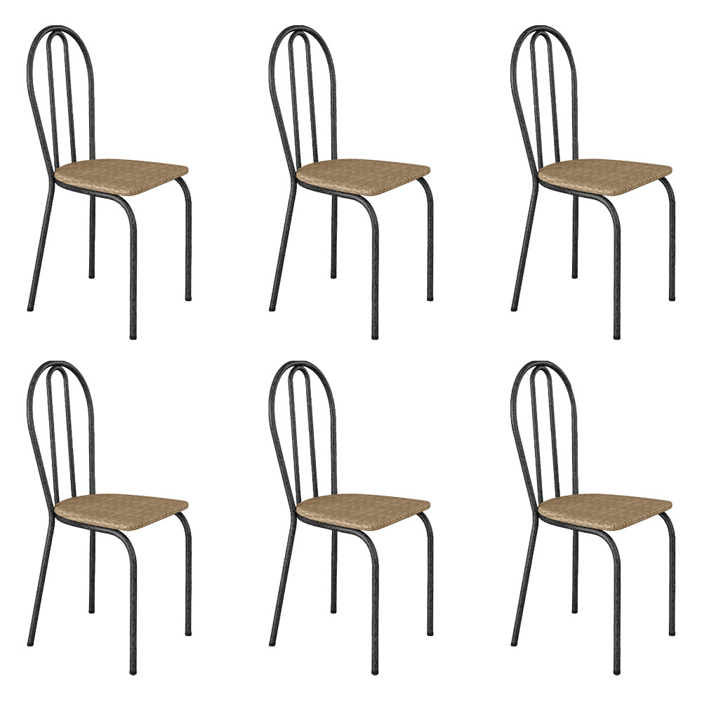 Kit 6 Cadeiras de Cozinha Texas Estampado Rattan Pés de Ferro Cromo Preto - Pallazio