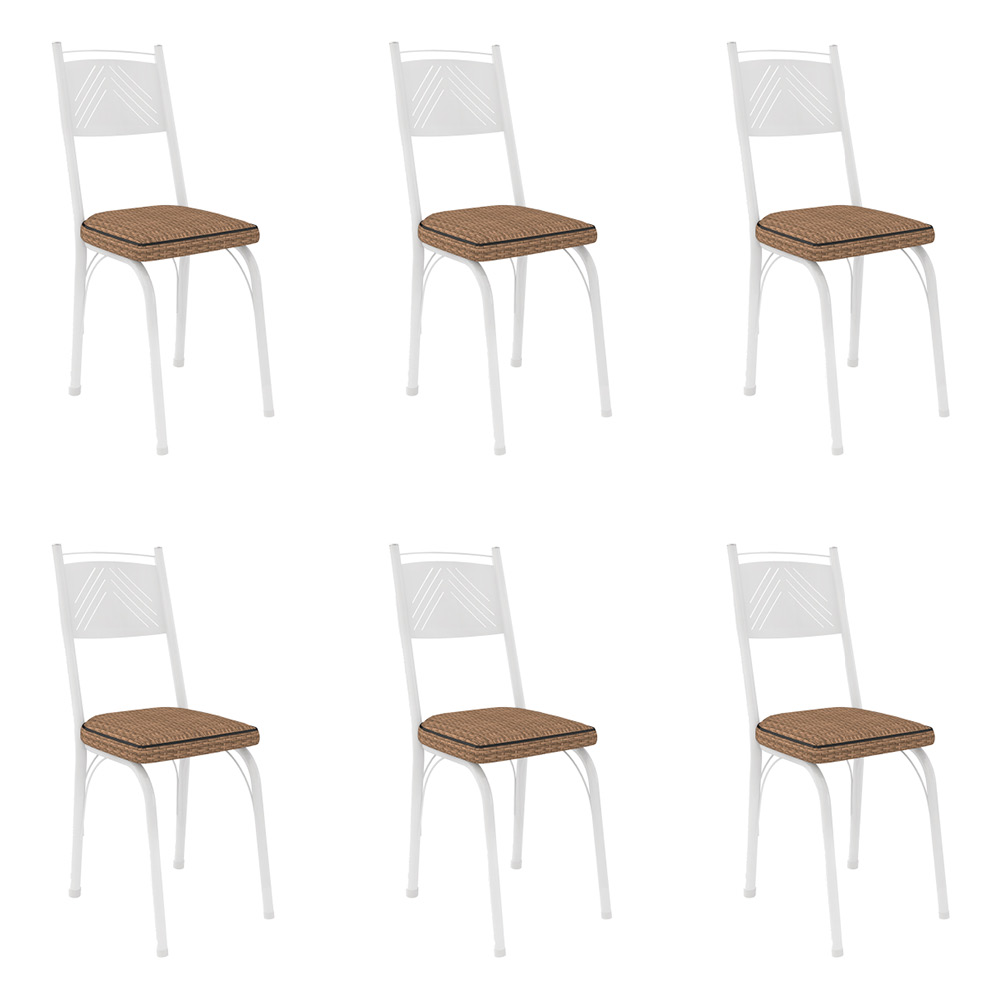 Kit 6 Cadeiras de Cozinha Virginia Estampado Rattan Bege Pés de Ferro Branco - Pallazio