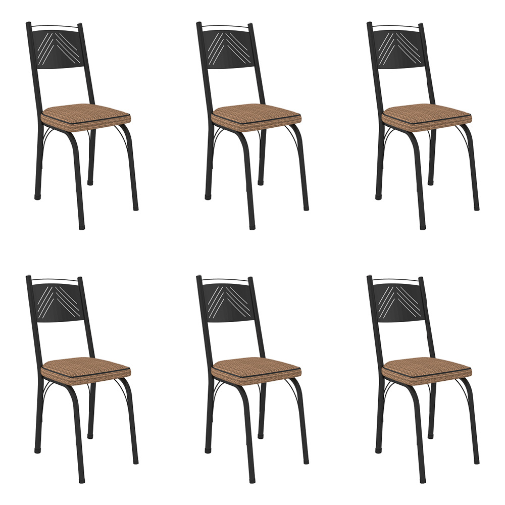 Kit 6 Cadeiras de Cozinha Virginia Estampado Rattan Bege Pés de Ferro Preto - Pallazio