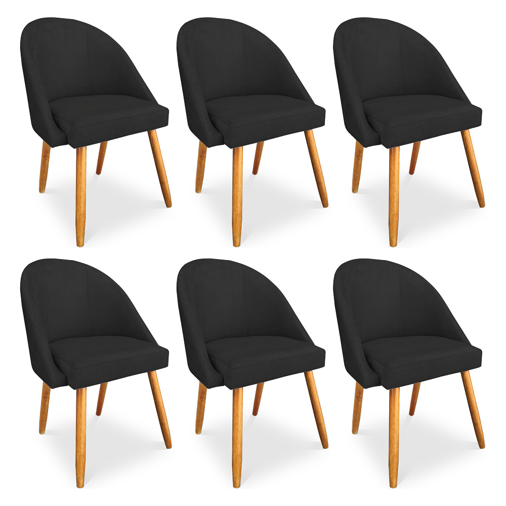 Kit 6 Cadeiras de Jantar Bela Veludo Preto Pés Palito Castanho - Pallazio