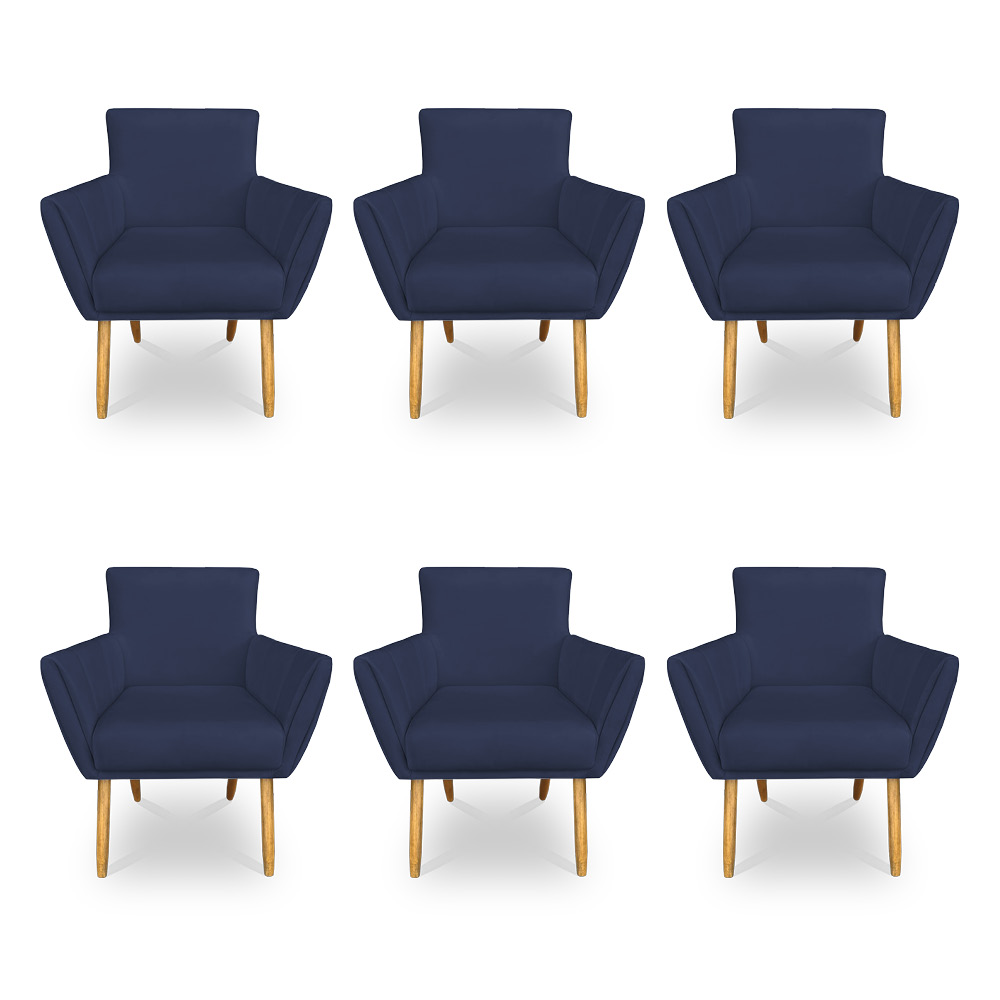 Kit 6 Poltronas Decorativa Leticia Suede Azul Marinho Pés Palito Castanho - Pallazio
