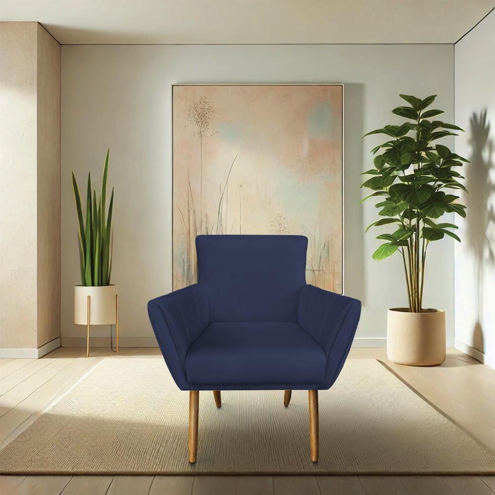 Kit 6 Poltronas Decorativa Leticia Suede Azul Marinho Pés Palito Castanho - Pallazio