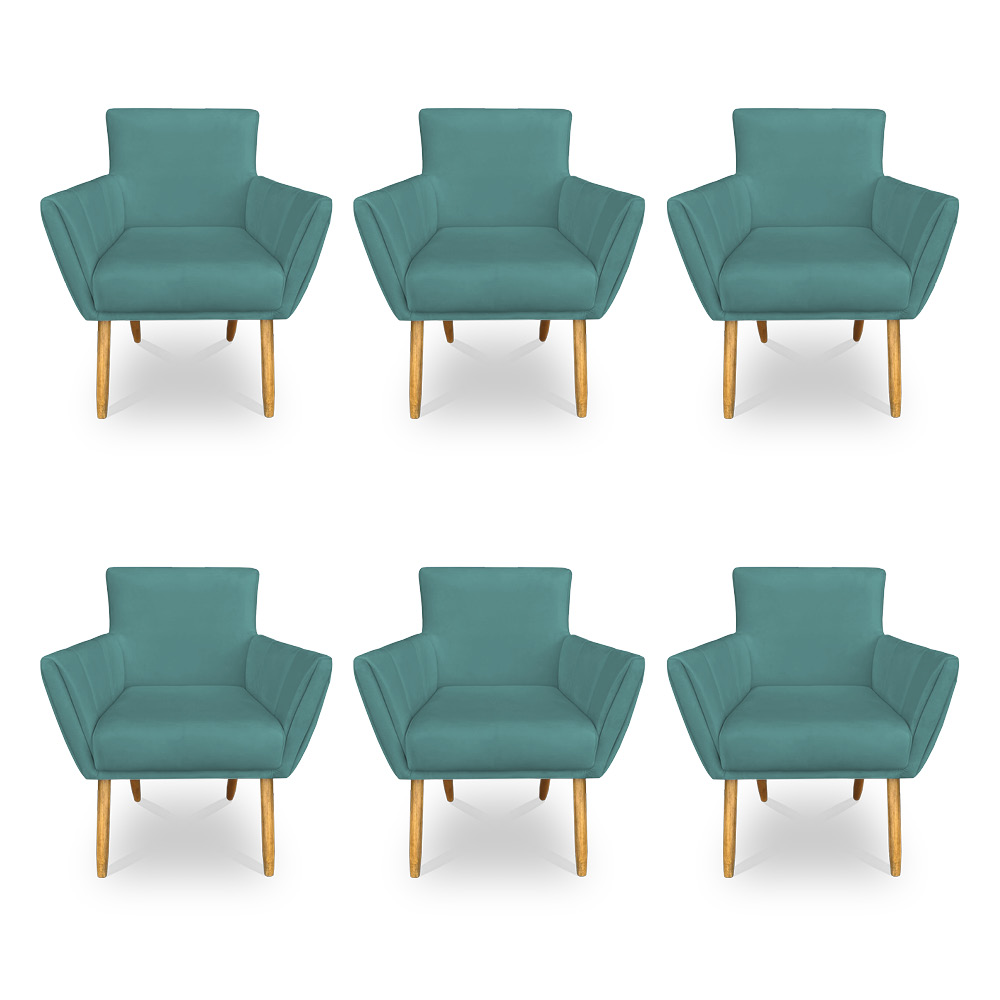 Kit 6 Poltronas Decorativa Leticia Suede Azul Turquesa Pés Palito Castanho - Pallazio