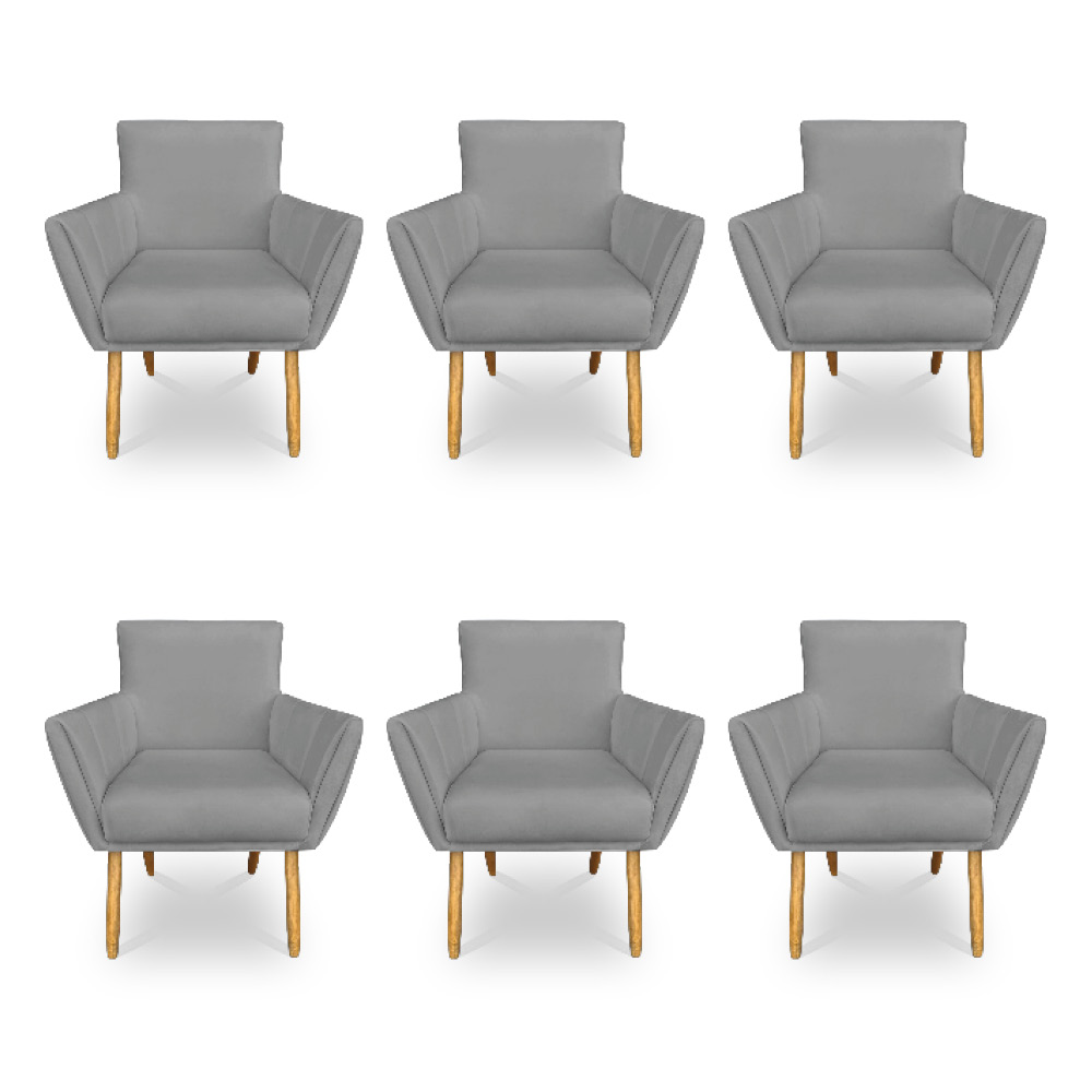 Kit 6 Poltronas Decorativa Leticia Suede Grafite Pés Palito Castanho - Pallazio