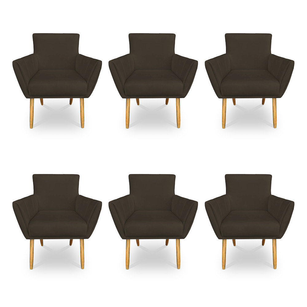 Kit 6 Poltronas Decorativa Leticia Suede Marrom Pés Palito Castanho - Pallazio