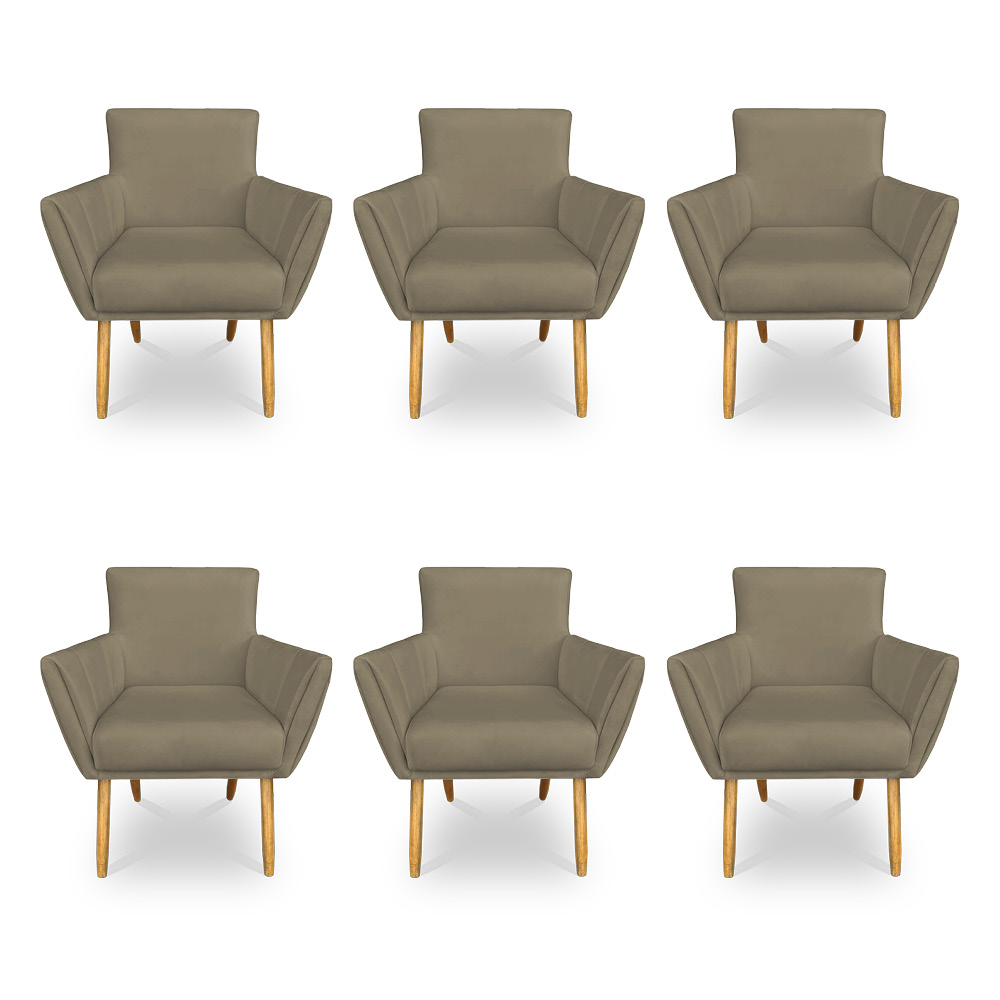 Kit 6 Poltronas Decorativa Leticia Suede Marrom Rato Pés Palito Castanho - Pallazio