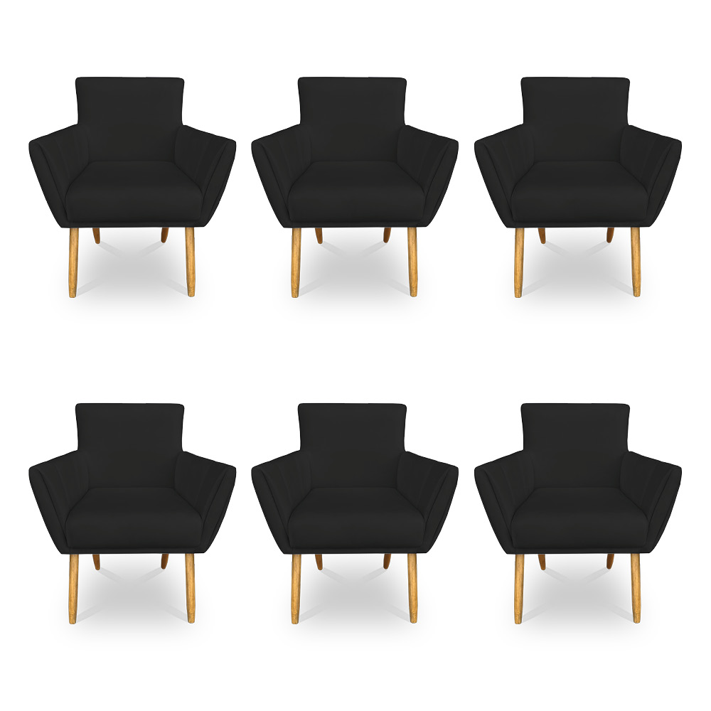 Kit 6 Poltronas Decorativa Leticia Suede Preto Pés Palito Castanho - Pallazio
