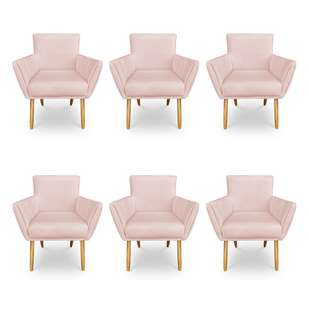 Kit 6 Poltronas Decorativa Leticia Suede Rosa Bebê Pés Palito Castanho - Pallazio