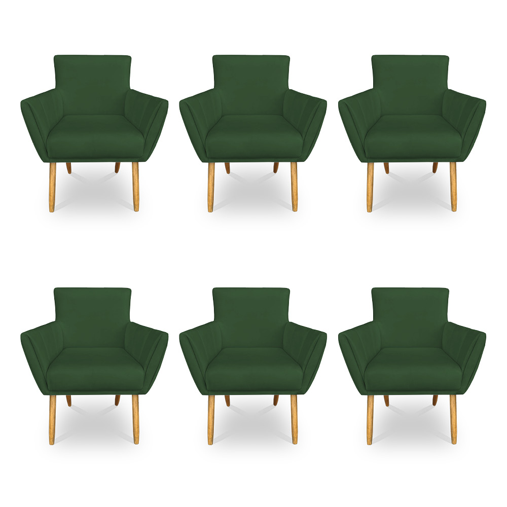 Kit 6 Poltronas Decorativa Leticia Suede Verde Pés Palito Castanho - Pallazio