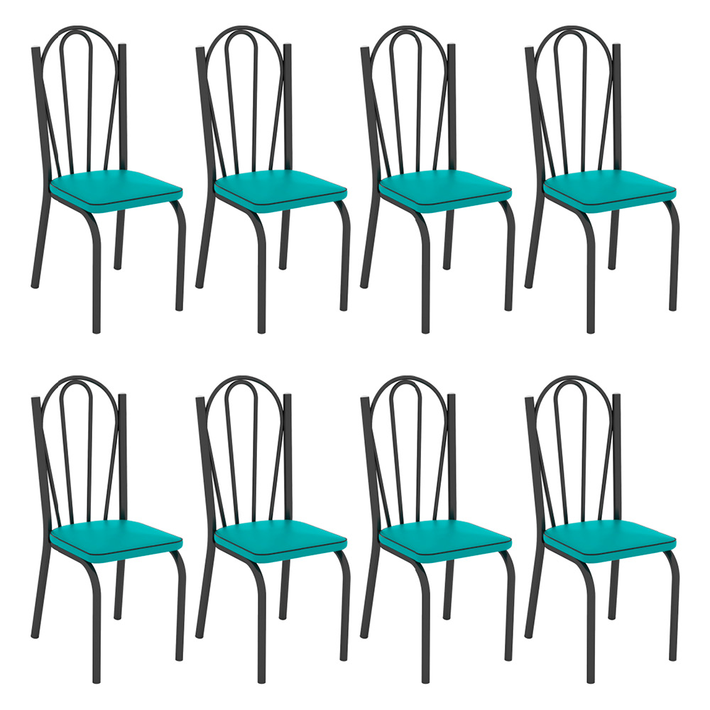 Kit 8 Cadeiras de Cozinha Alabama Corino Azul Turquesa Pés de Ferro Preto - Pallazio