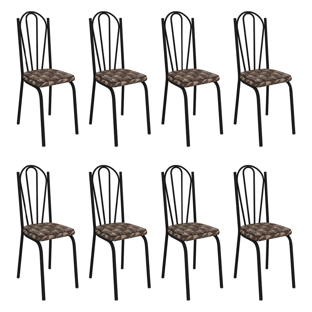 Kit 8 Cadeiras de Cozinha Alabama Estampado Mosaico Palha Pés de Ferro Preto  - Pallazio