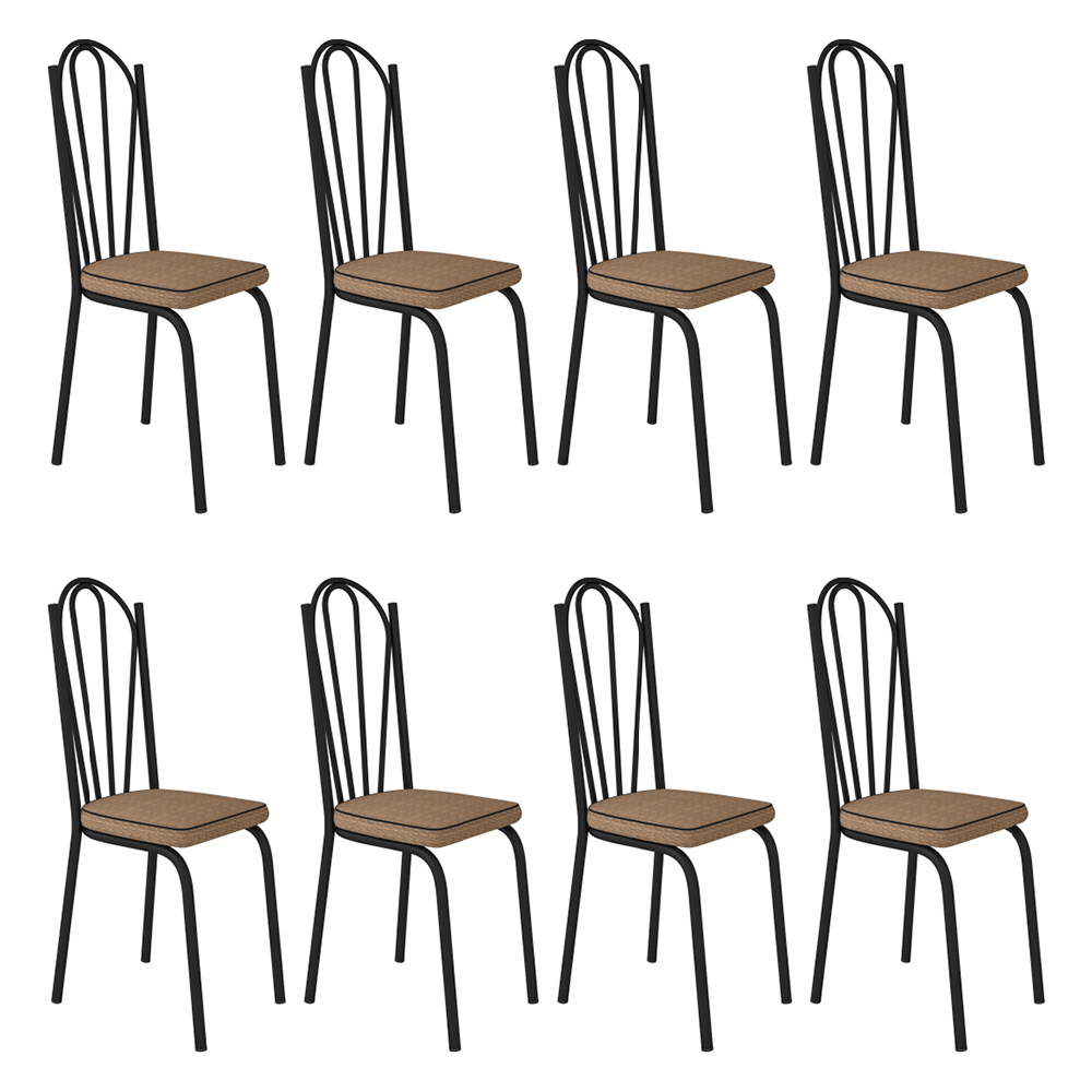 Kit 8 Cadeiras de Cozinha Alabama Estampado Rattan Bege Pés de Ferro Preto - Pallazio