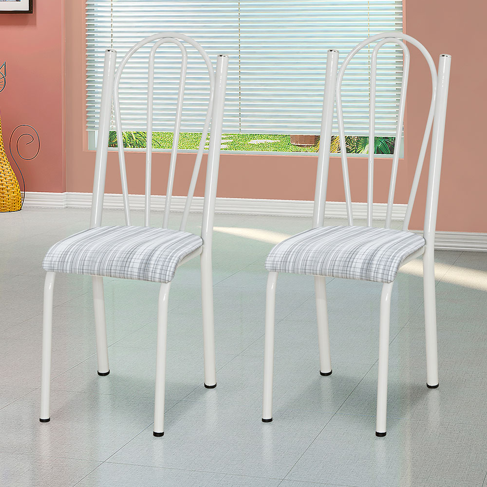 Kit 8 Cadeiras de Cozinha Alasca Estampado Linho Pés de Ferro Branco - Pallazio