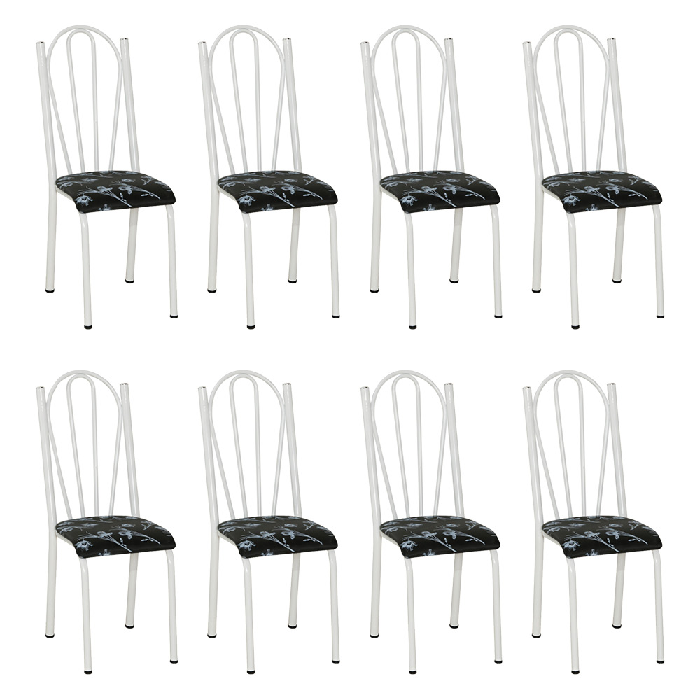 Kit 8 Cadeiras de Cozinha Alasca Estampado Preto Florido Pés de Ferro Branco - Pallazio