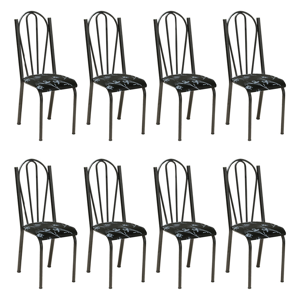 Kit 8 Cadeiras de Cozinha Alasca Estampado Preto Florido Pés de Ferro Cromo Preto - Pallazio