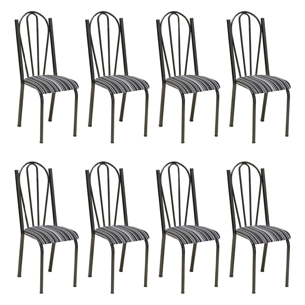 Kit 8 Cadeiras de Cozinha Alasca Estampado Preto Listrado Pés de Ferro Cromo Preto - Pallazio