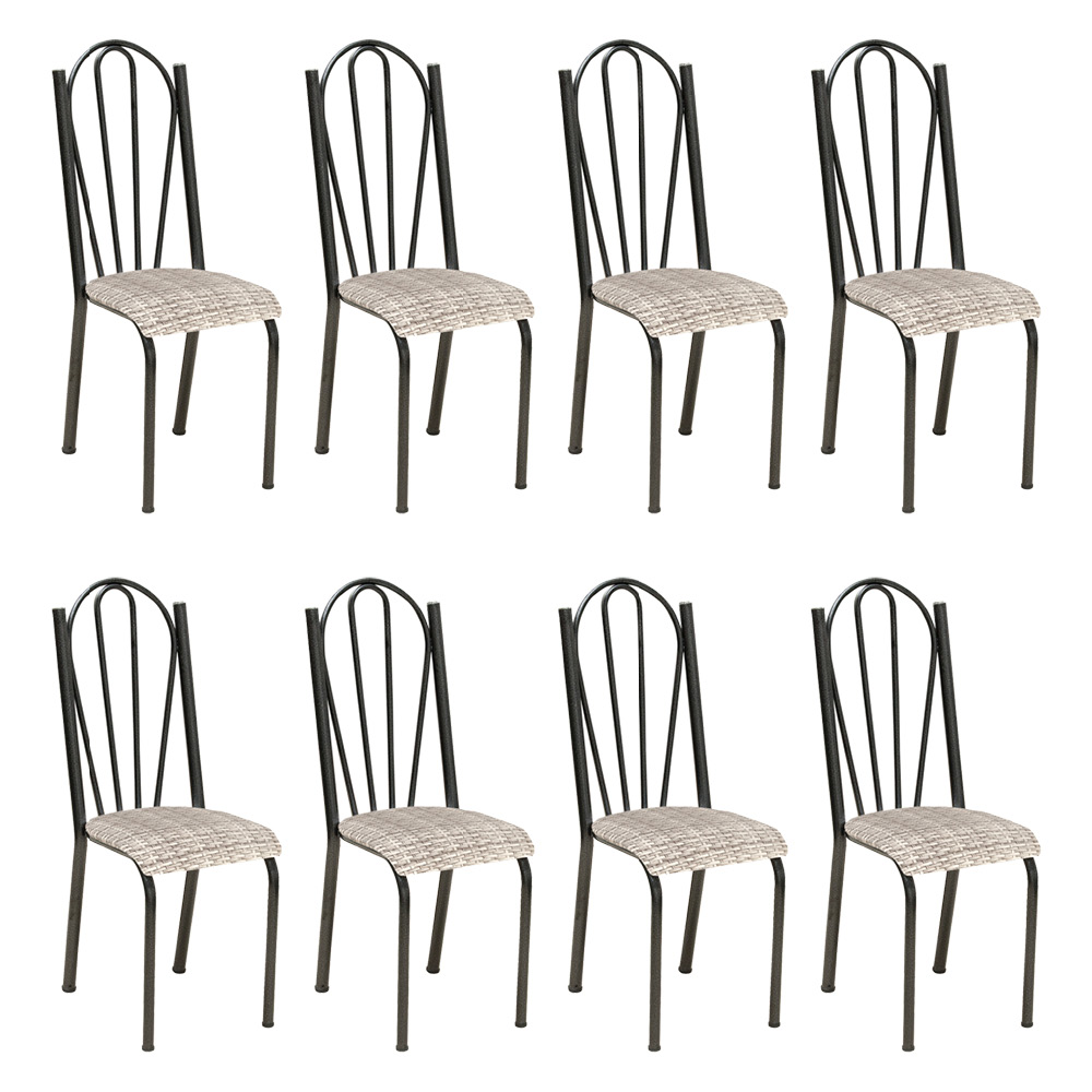 Kit 8 Cadeiras de Cozinha Alasca Estampado Rattan Pés de Ferro Cromo Preto - Pallazio