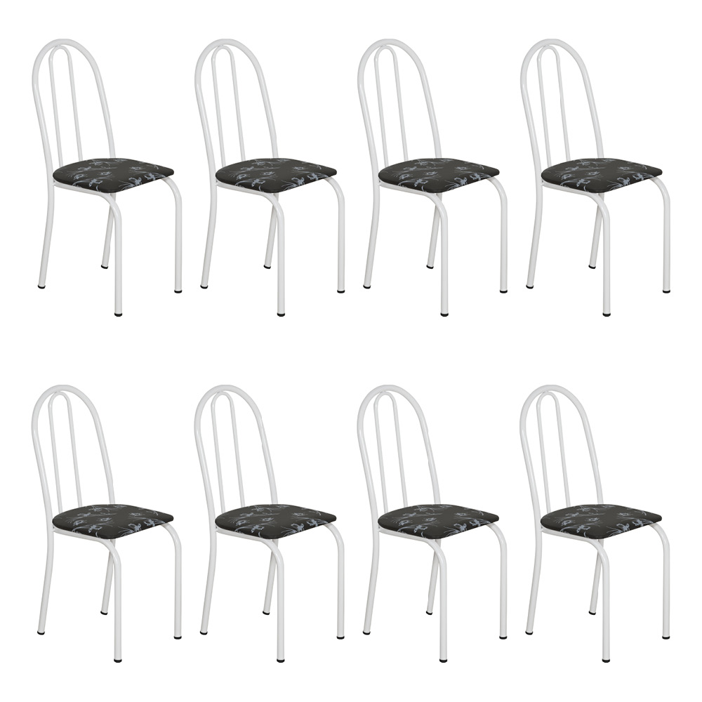 Kit 8 Cadeiras de Cozinha Califórnia Estampado Preto Florido Pés de Ferro Branco - Pallazio