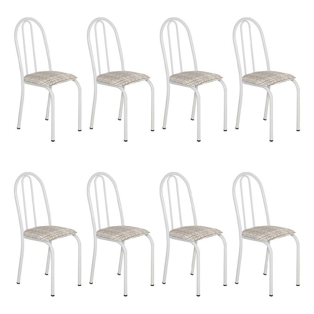 Kit 8 Cadeiras de Cozinha Califórnia Estampado Rattan Bege Pés de Ferro Branco - Pallazio