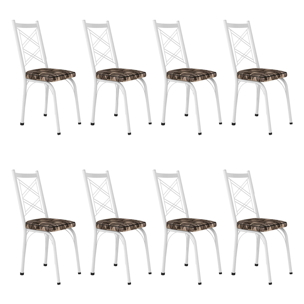 Kit 8 Cadeiras de Cozinha Delaware Estampado Mosaico Palha Pés de Ferro Branco - Pallazio