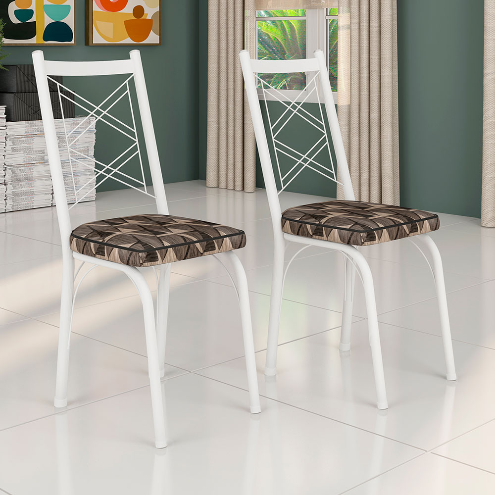 Kit 8 Cadeiras de Cozinha Delaware Estampado Mosaico Palha Pés de Ferro Branco - Pallazio