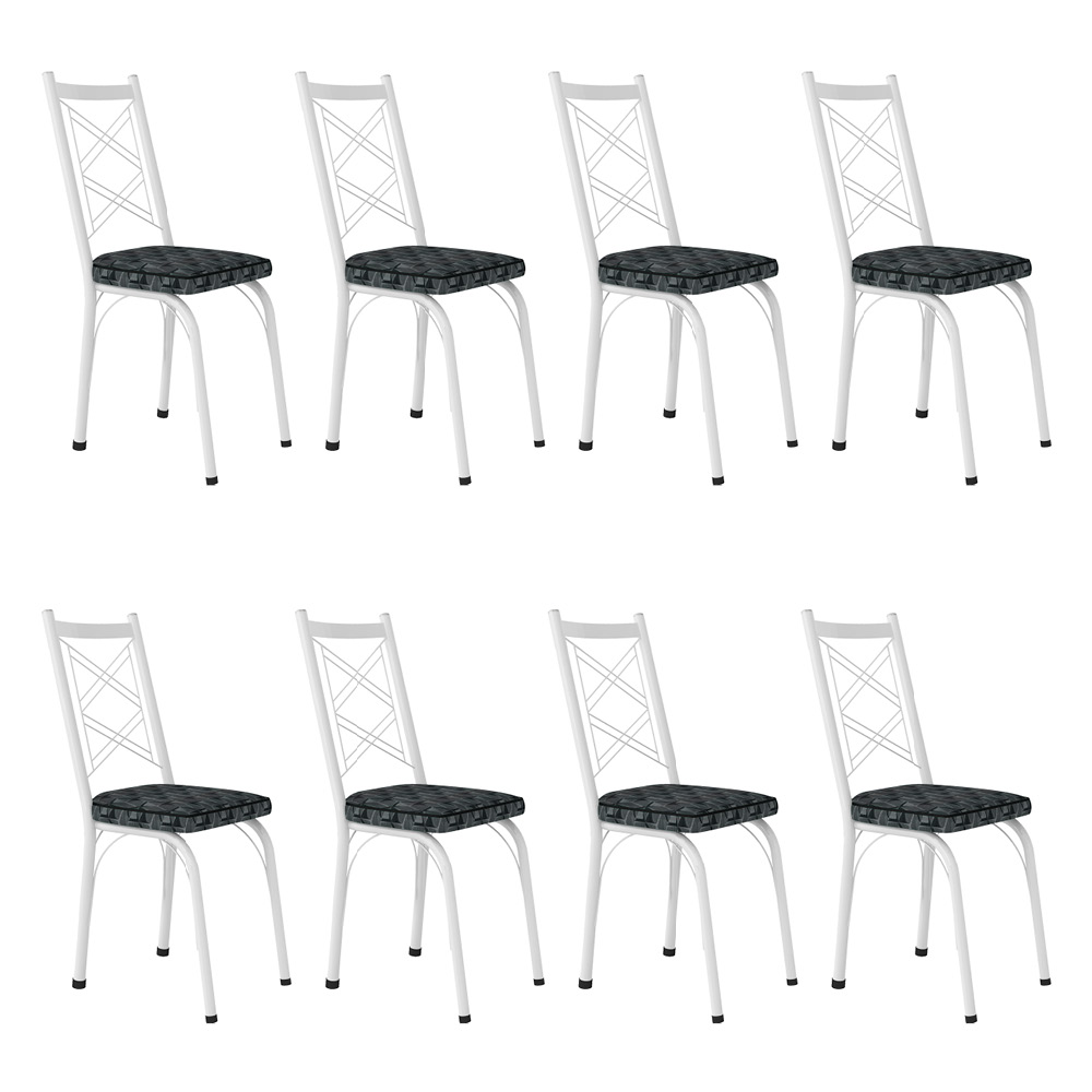 Kit 8 Cadeiras de Cozinha Delaware Estampado Mosaico Silver Pés de Ferro Branco - Pallazio