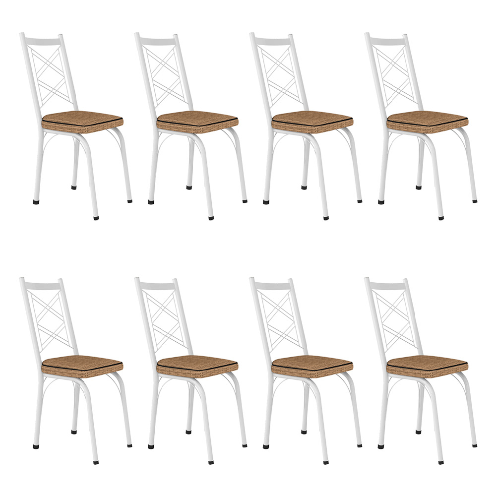 Kit 8 Cadeiras de Cozinha Delaware Estampado Rattan Bege Pés de Ferro Branco - Pallazio