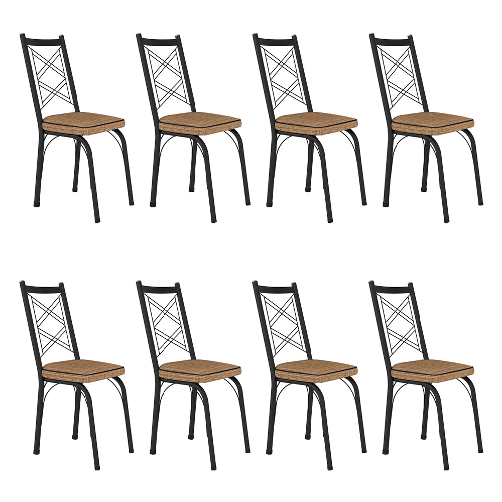 Kit 8 Cadeiras de Cozinha Delaware Estampado Rattan Bege Pés de Ferro Preto - Pallazio