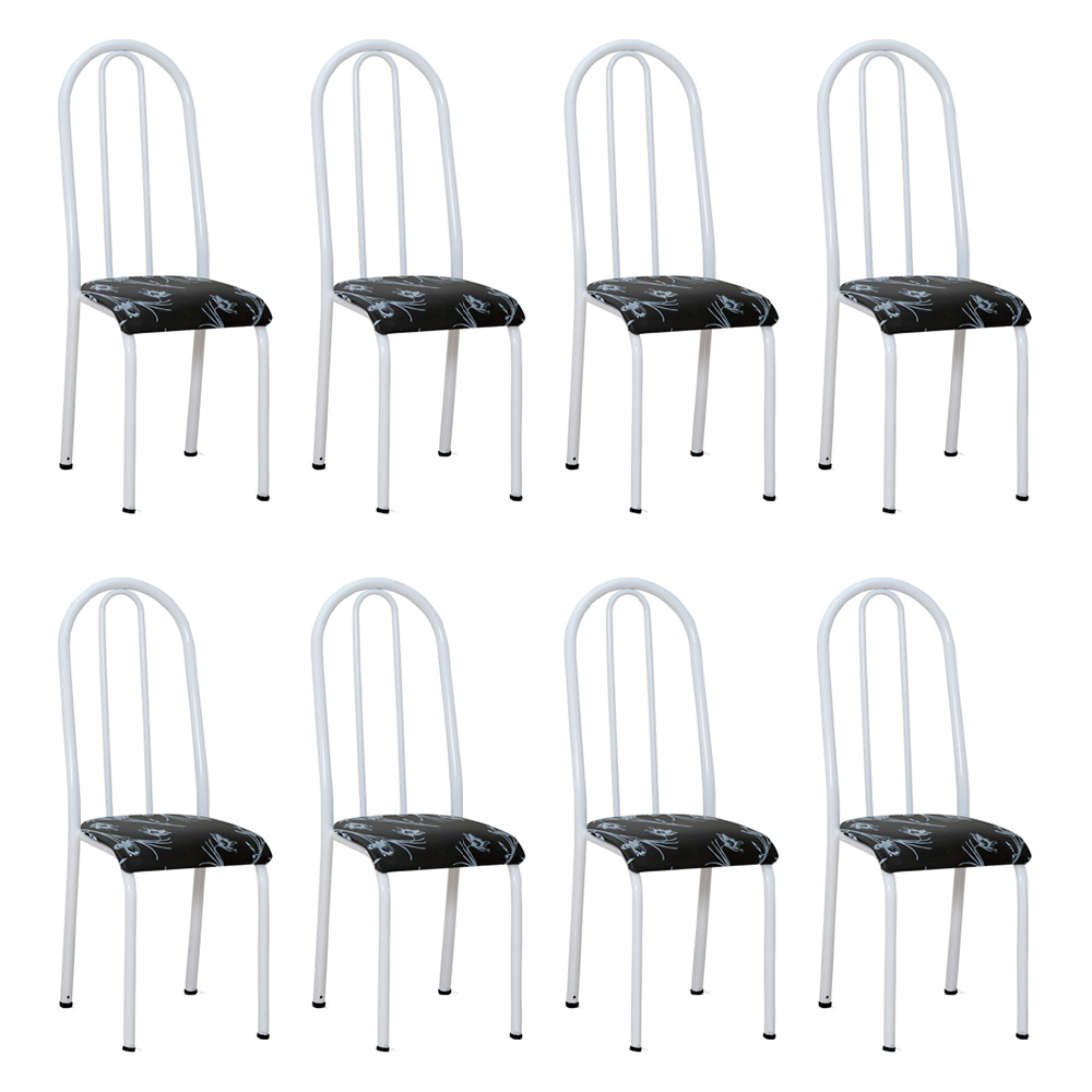 Kit 8 Cadeiras de Cozinha Flórida Estampado Preto Florido Pés de Ferro Branco - Pallazio