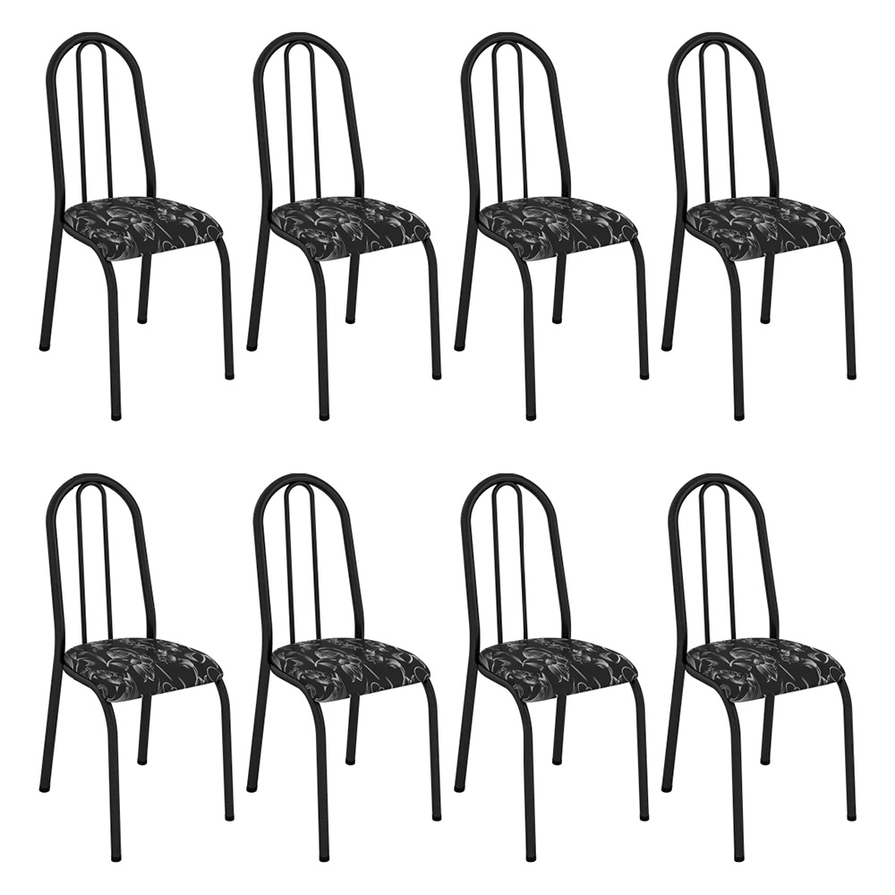 Kit 8 Cadeiras de Cozinha Flórida Estampado Preto Florido Pés de Ferro Preto - Pallazio