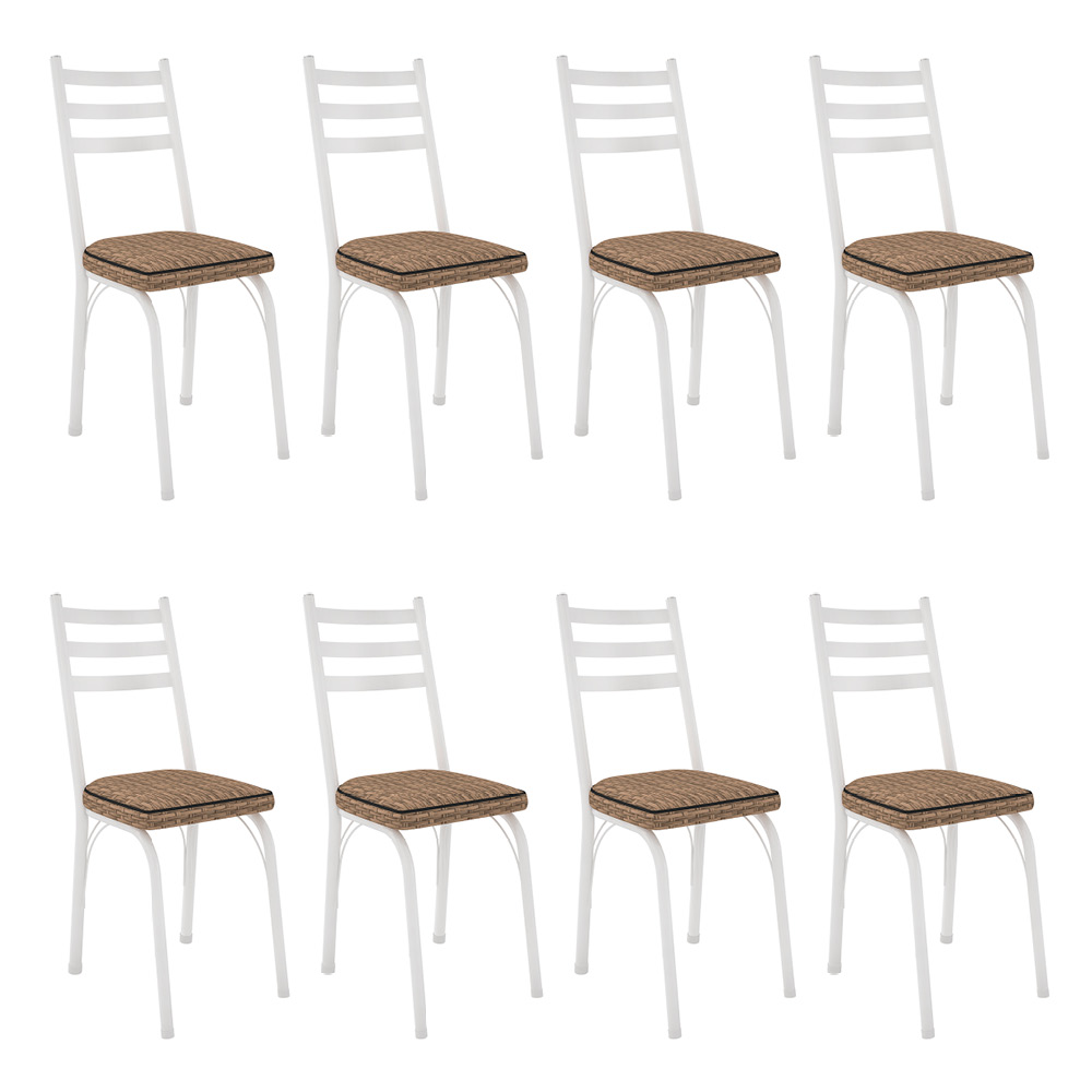 Kit 8 Cadeiras de Cozinha Luisiana Estampado Rattan Bege Pés de Ferro Branco - Pallazio