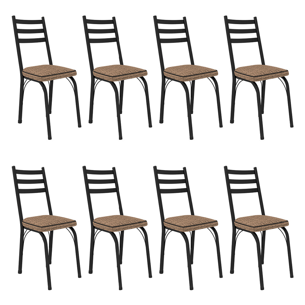 Kit 8 Cadeiras de Cozinha Luisiana Estampado Rattan Bege Pés de Ferro Preto - Pallazio