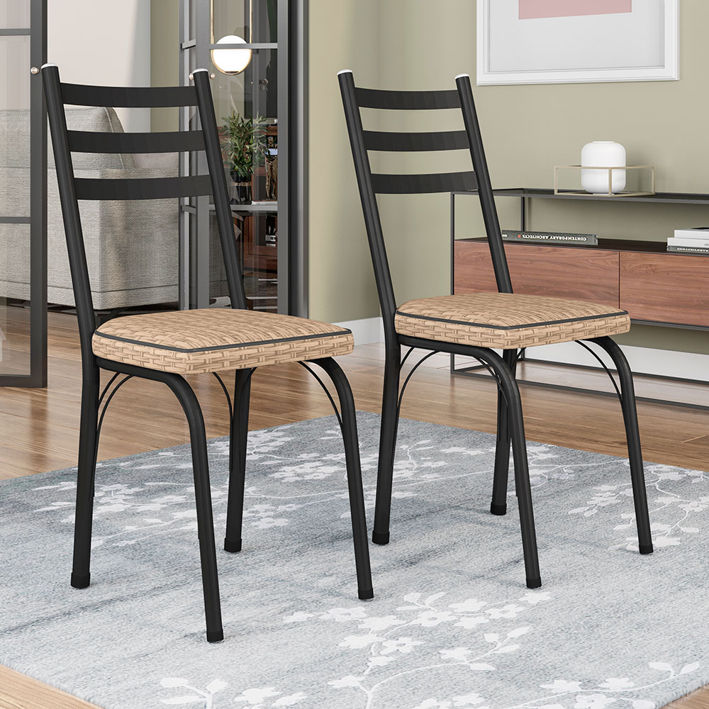 Kit 8 Cadeiras de Cozinha Luisiana Estampado Rattan Bege Pés de Ferro Preto - Pallazio
