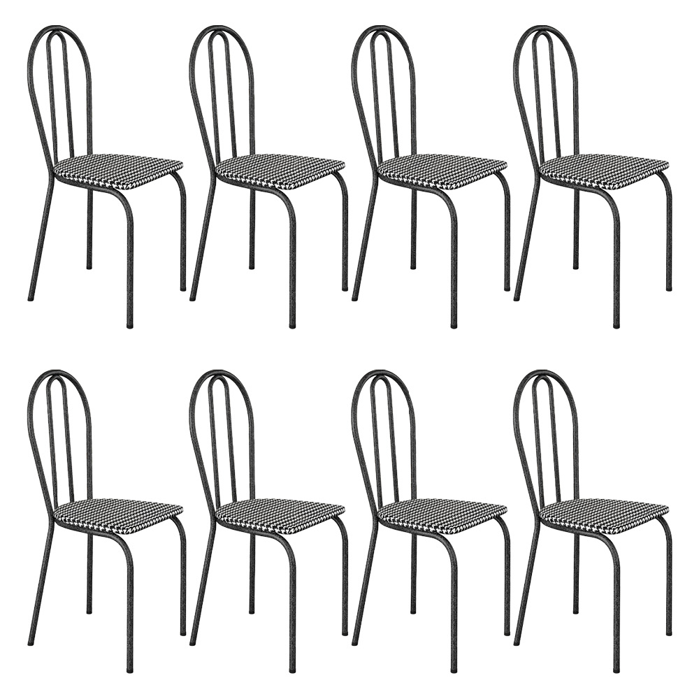 Kit 8 Cadeiras de Cozinha Texas Estampado Channel Pés de Ferro Cromo Preto - Pallazio