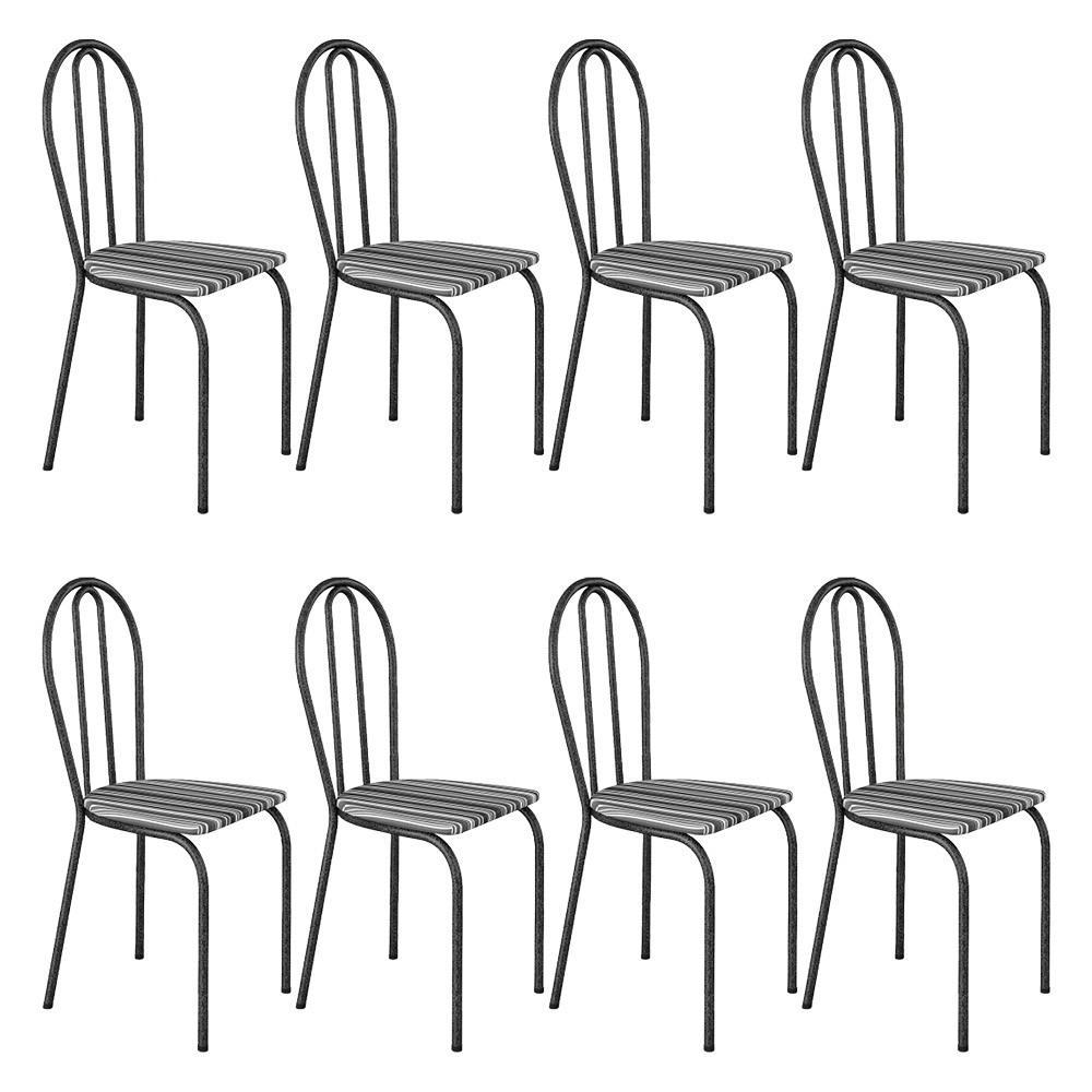 Kit 8 Cadeiras de Cozinha Texas Estampado Listrado Pés de Ferro Cromo Preto - Pallazio