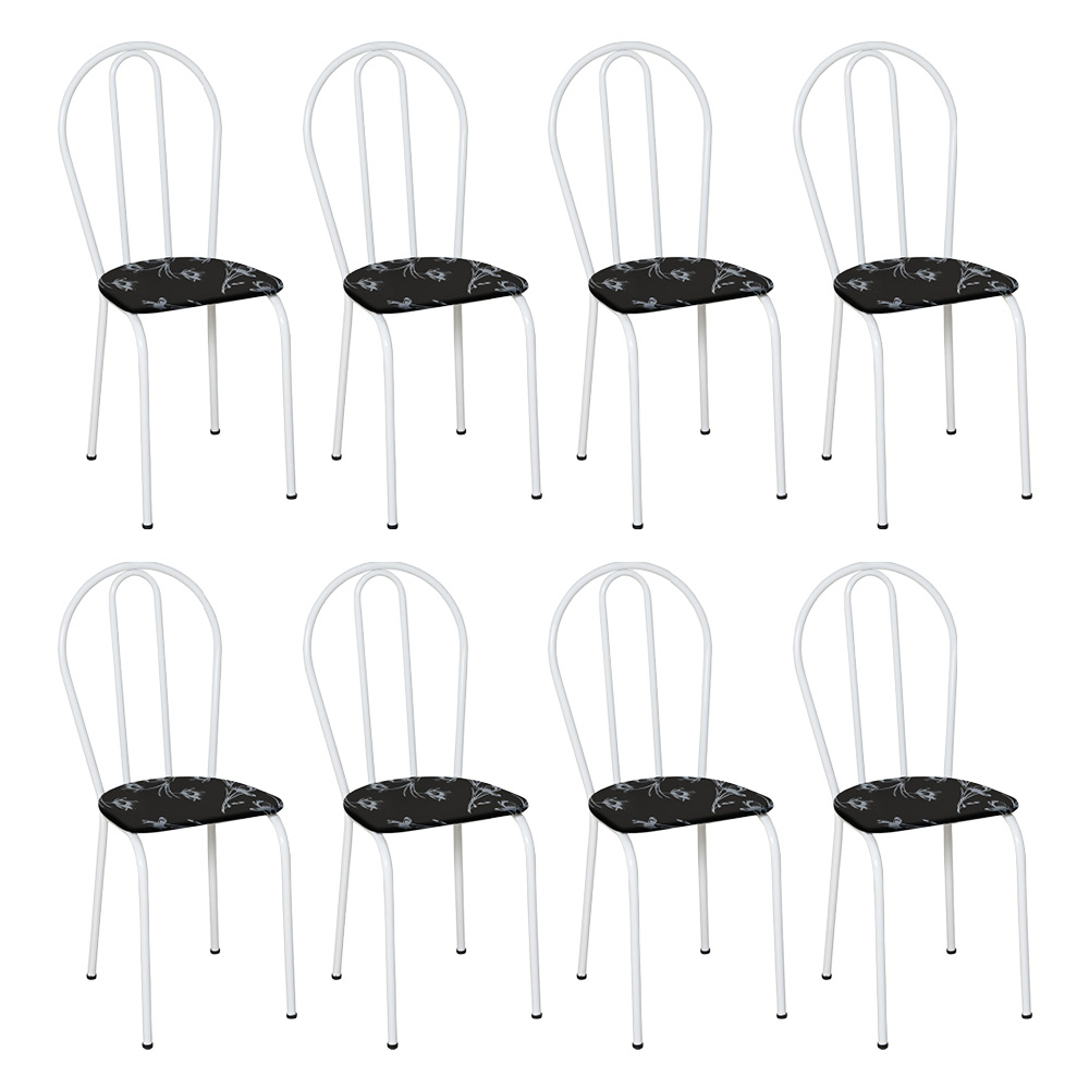 Kit 8 Cadeiras de Cozinha Texas Estampado Preto Florido Pés de Ferro Branco - Pallazio