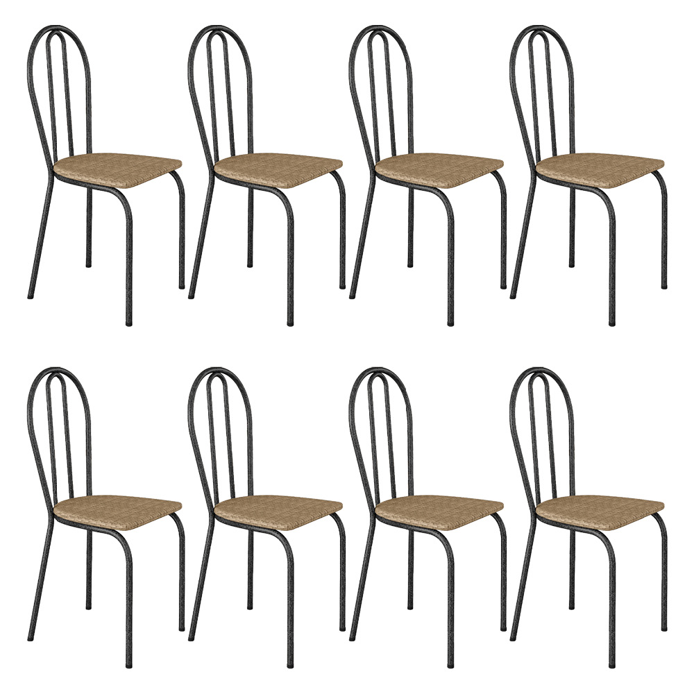 Kit 8 Cadeiras de Cozinha Texas Estampado Rattan Pés de Ferro Cromo Preto - Pallazio