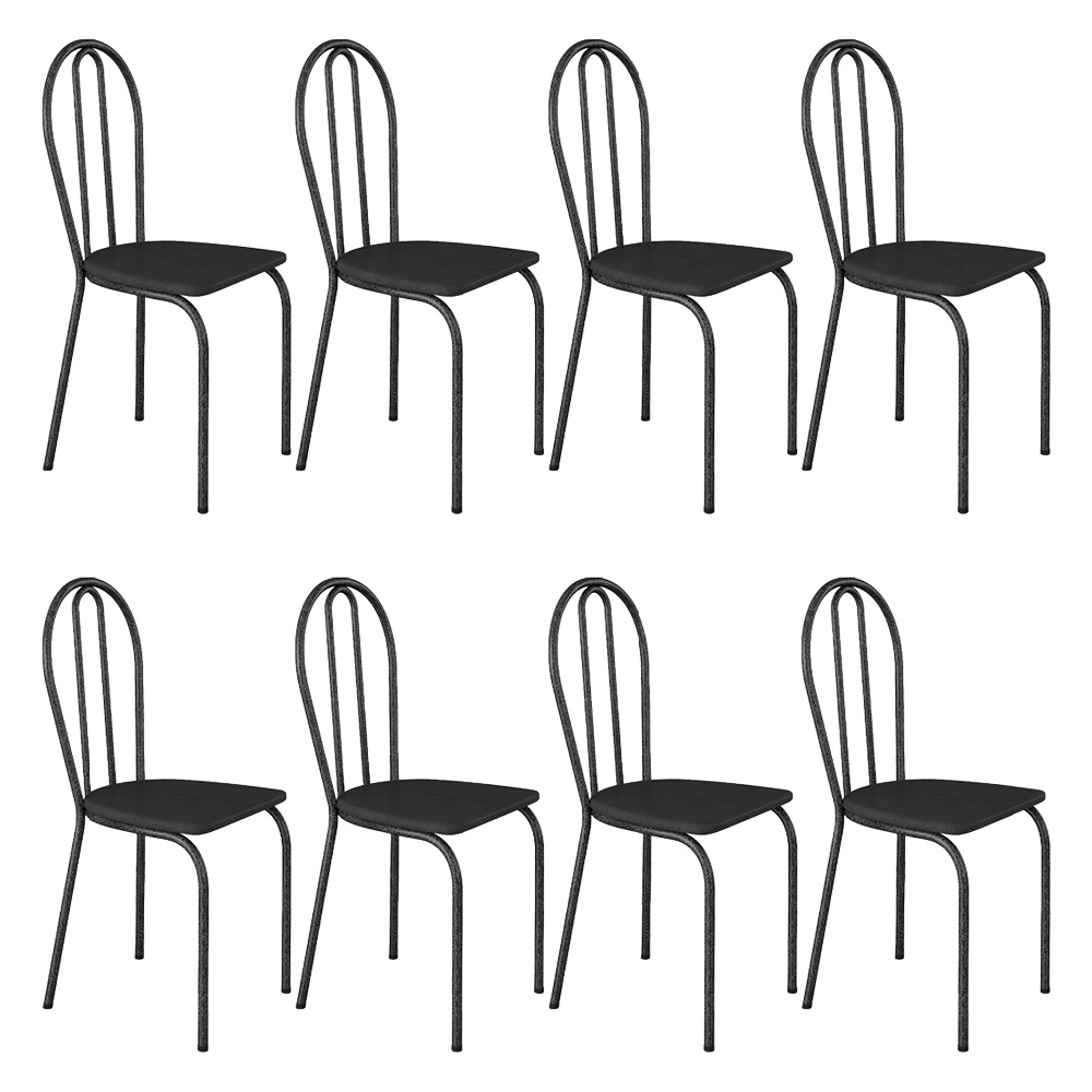 Kit 8 Cadeiras de Cozinha Texas Liso Preto Pés de Ferro Cromo Preto - Pallazio