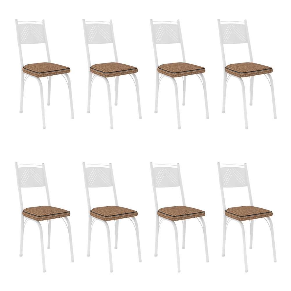 Kit 8 Cadeiras de Cozinha Virginia Estampado Rattan Bege Pés de Ferro Branco - Pallazio
