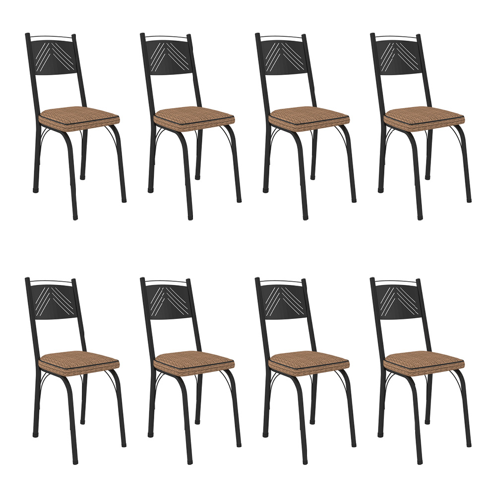 Kit 8 Cadeiras de Cozinha Virginia Estampado Rattan Bege Pés de Ferro Preto - Pallazio