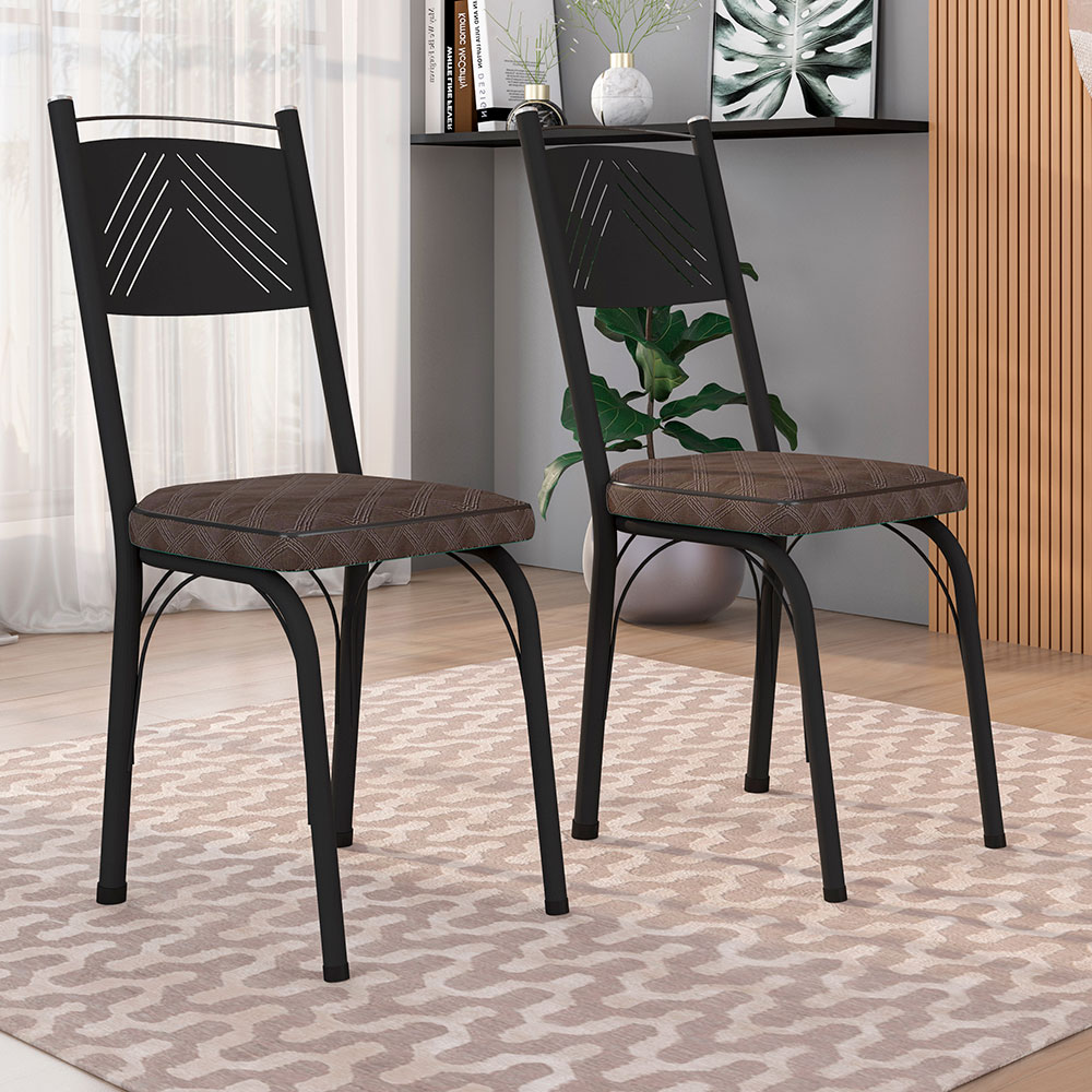 Kit 8 Cadeiras de Cozinha Virginia Estampado Tecelão Cacau Pés de Ferro Preto - Pallazio