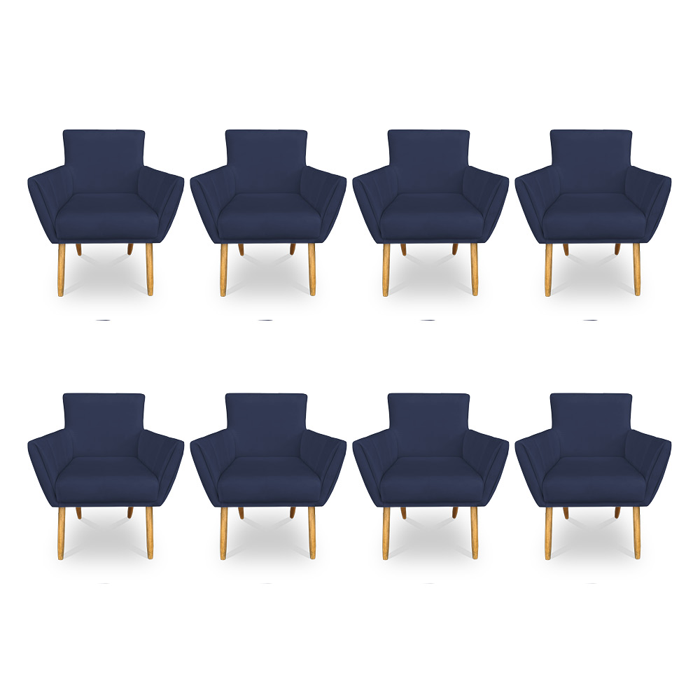Kit 8 Poltronas Decorativa Leticia Suede Azul Marinho Pés Palito Castanho - Pallazio