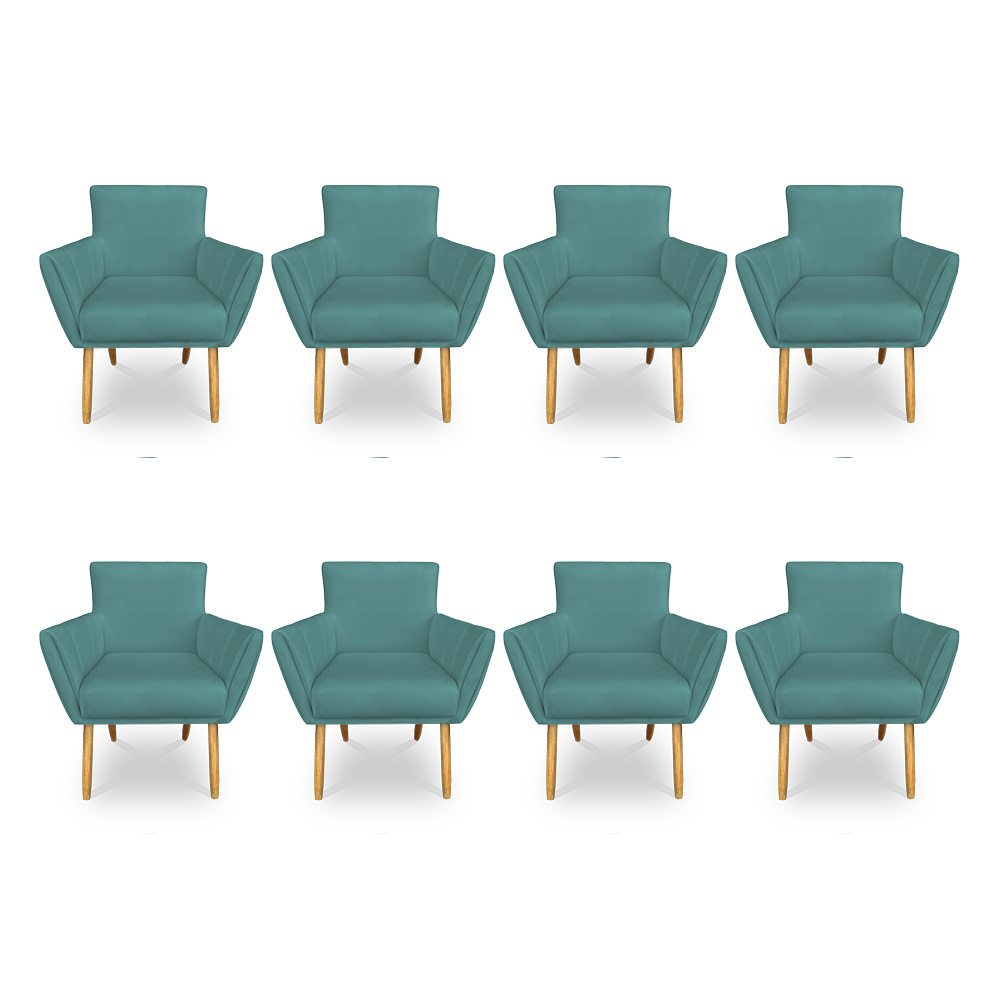 Kit 8 Poltronas Decorativa Leticia Suede Azul Turquesa Pés Palito Castanho - Pallazio